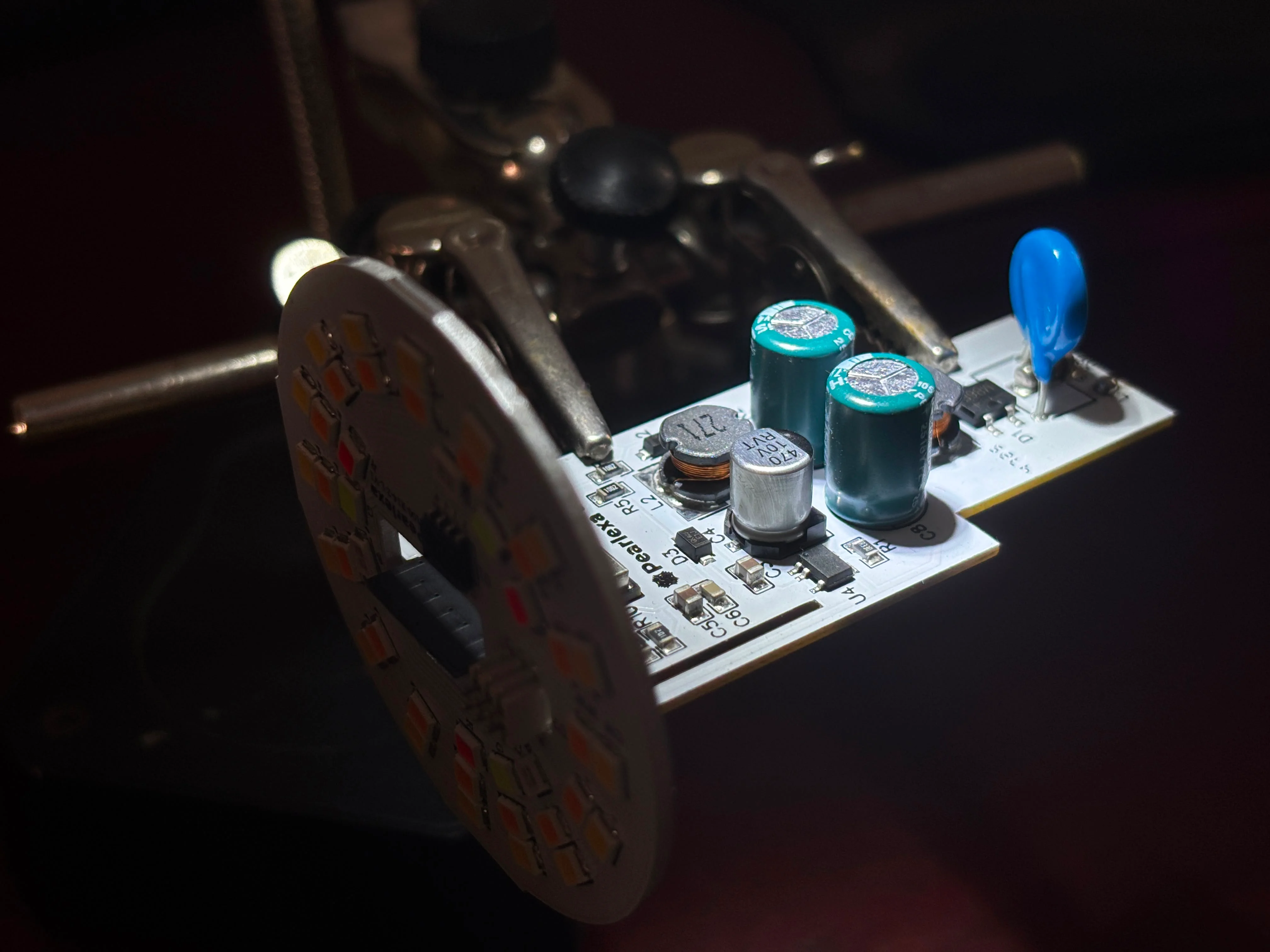 Original Pearlexa engineering photograph of an Orbit smart bulb driver and LED assembly